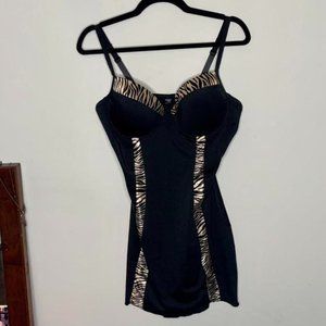 Sz 1X, black and cream vintage zebra print 2000s lingerie slip dress w cups